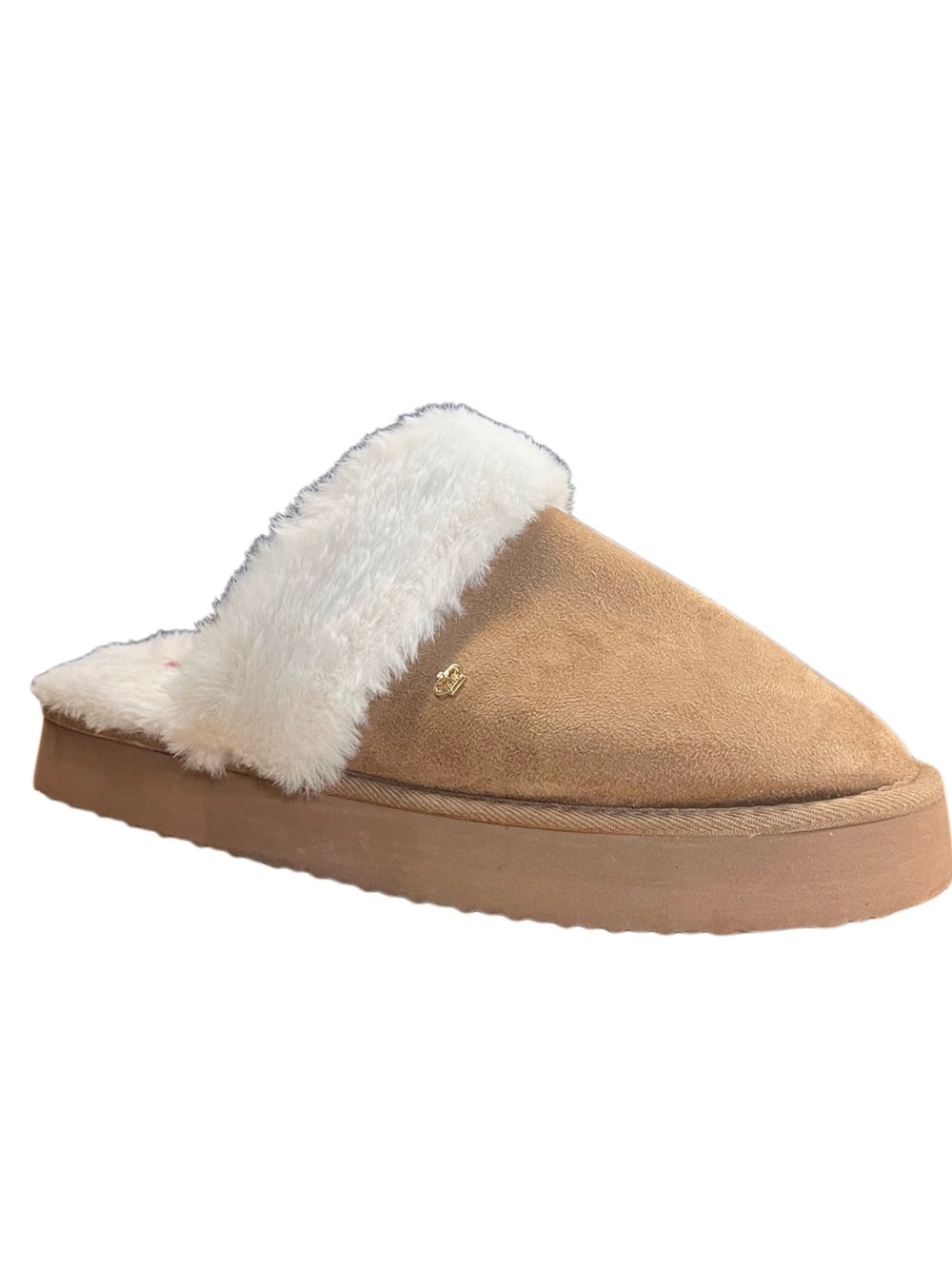 Juicy Couture Woman’s Tan Suede Fur-Lined Slip-On Slipper Sz 10